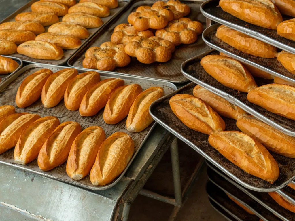 Trays of freshly baked bread rolls